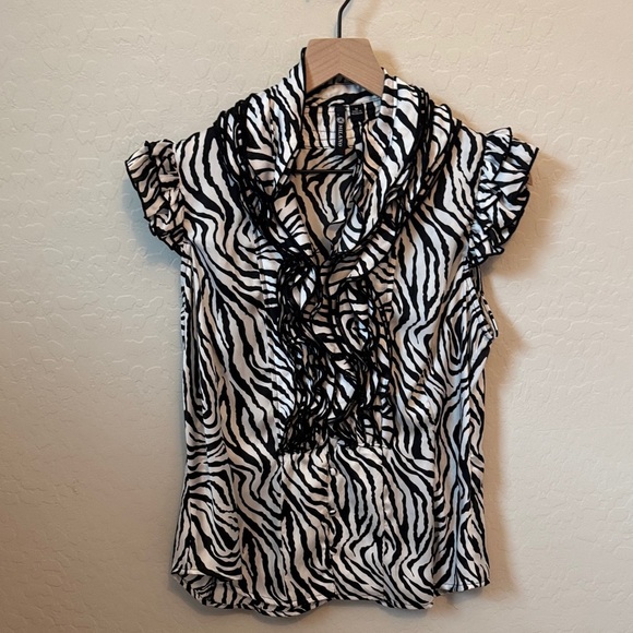 Y2K Zebra Print Ruffle Blouse Short Sleeve M - Picture 1 of 4